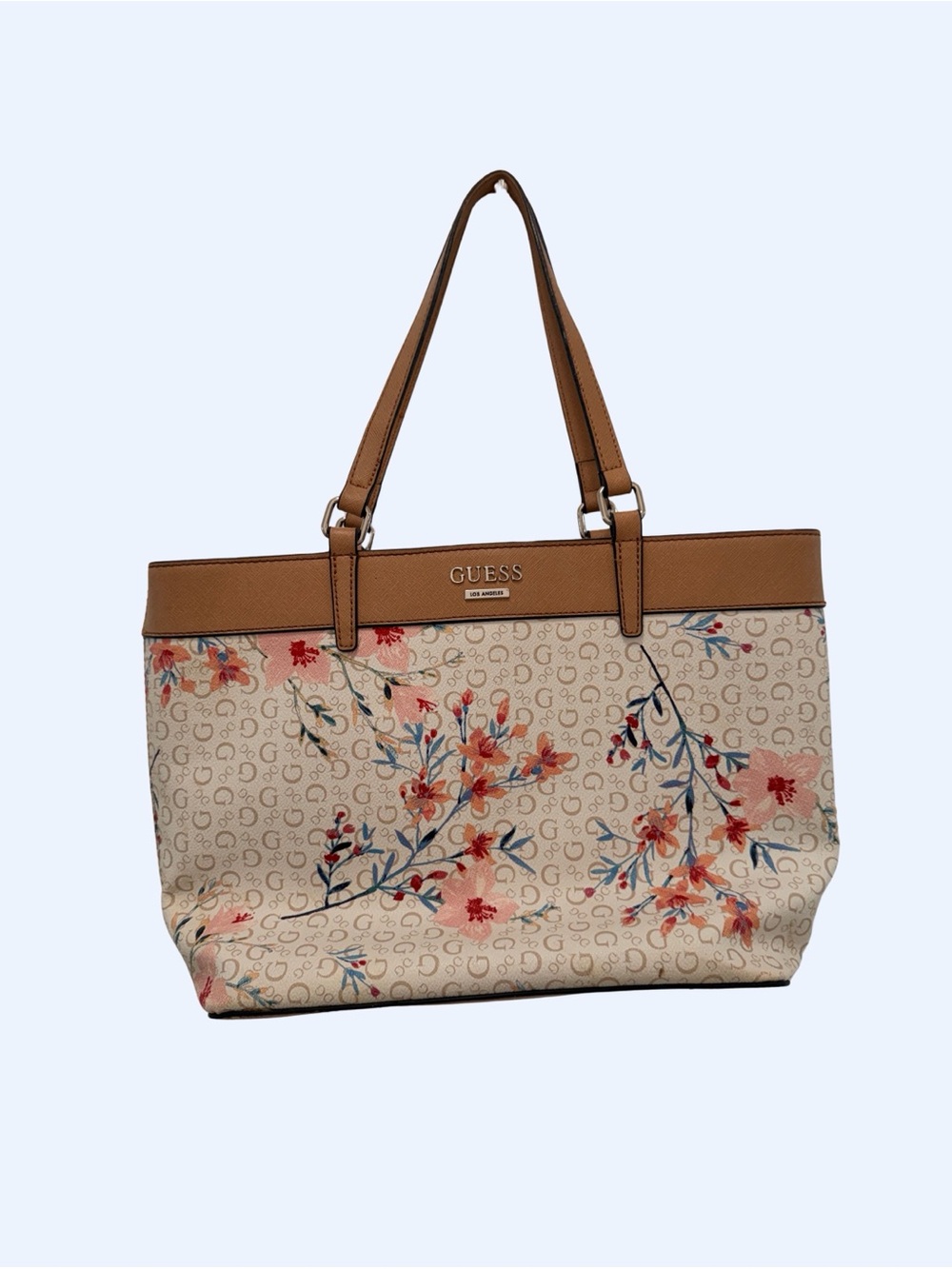 GUESS Beige Floral Tote with Tan Trim